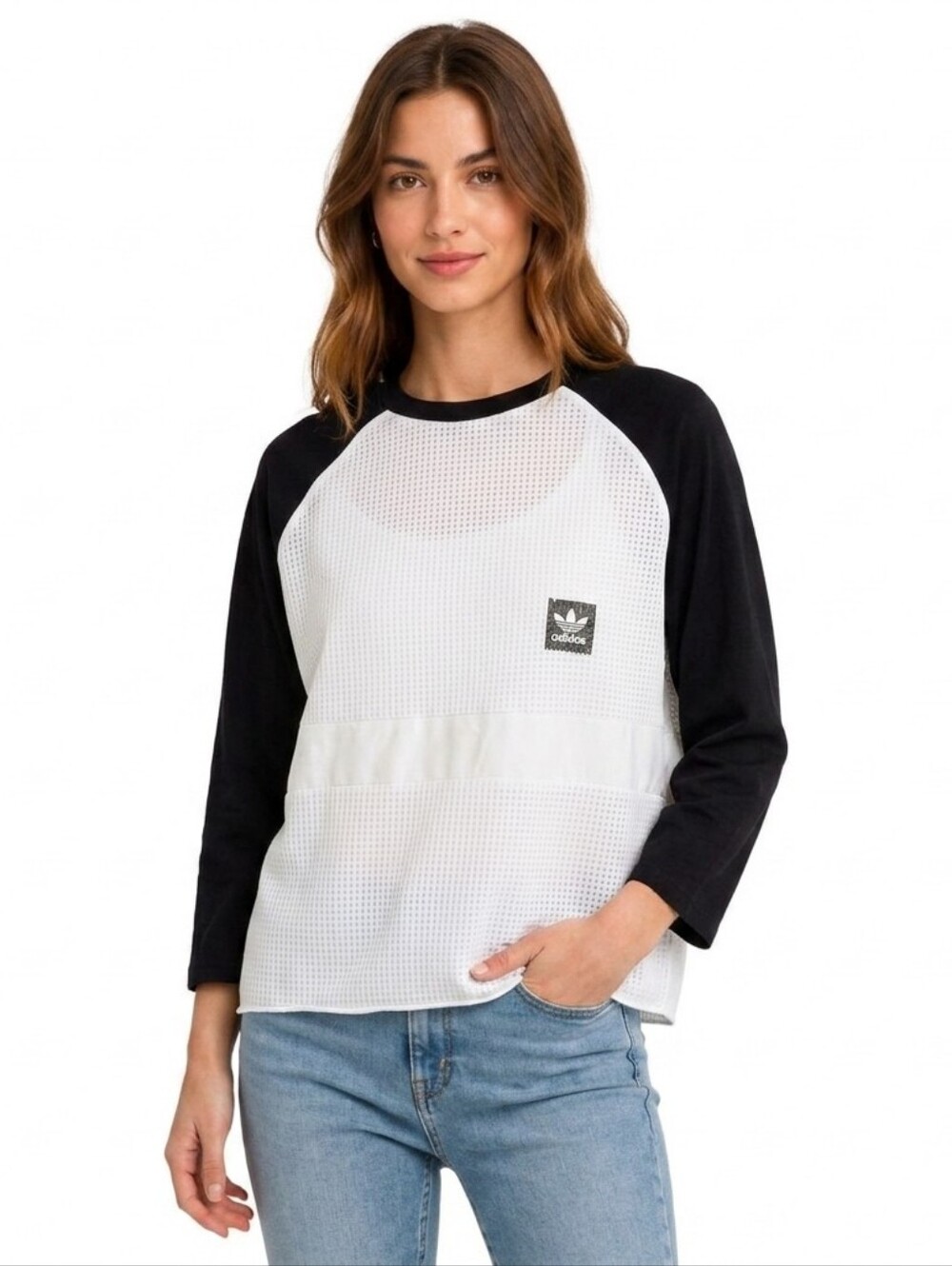 Vintage Adidas Sporty Raglan Mesh Long-Sleeve Tee In White/Black - S